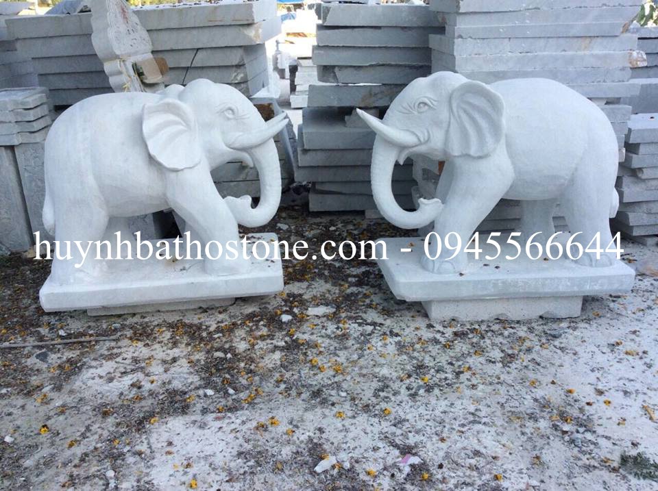 Cặp voi phong thủy đá trắng nguyên khối